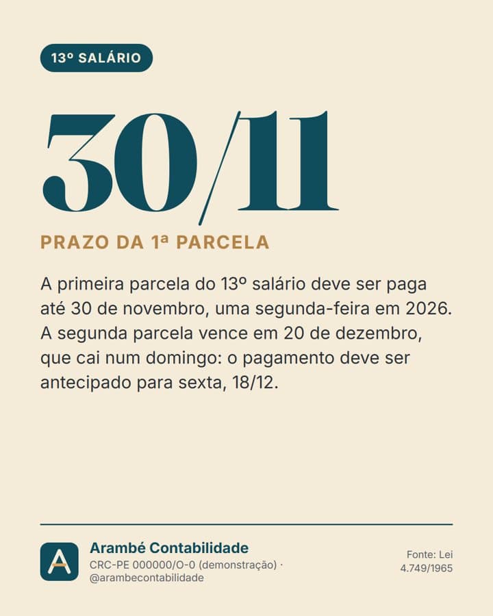 Post: 30/11, prazo da 1ª parcela do 13º salário
